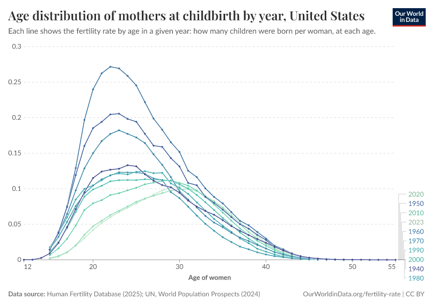 Age distribution of mothers at childbirth by year